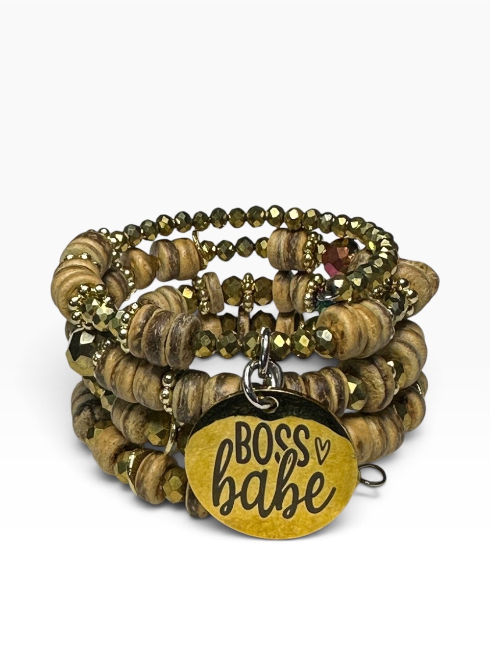 Handcrafted Wood & Gold Memory Wire Wrap Bracelet Boss Babe Charm